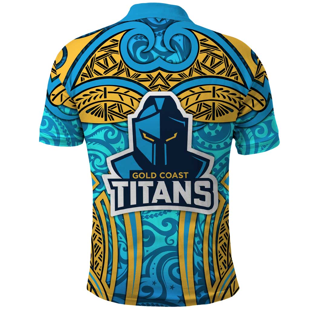 Gold Coast Titans Rugby Polo Shirt Polynesian Tribal Spartan Warrior Blue Gold Pattern