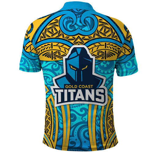 Gold Coast Titans Rugby Polo Shirt Polynesian Tribal Spartan Warrior Blue Gold Pattern