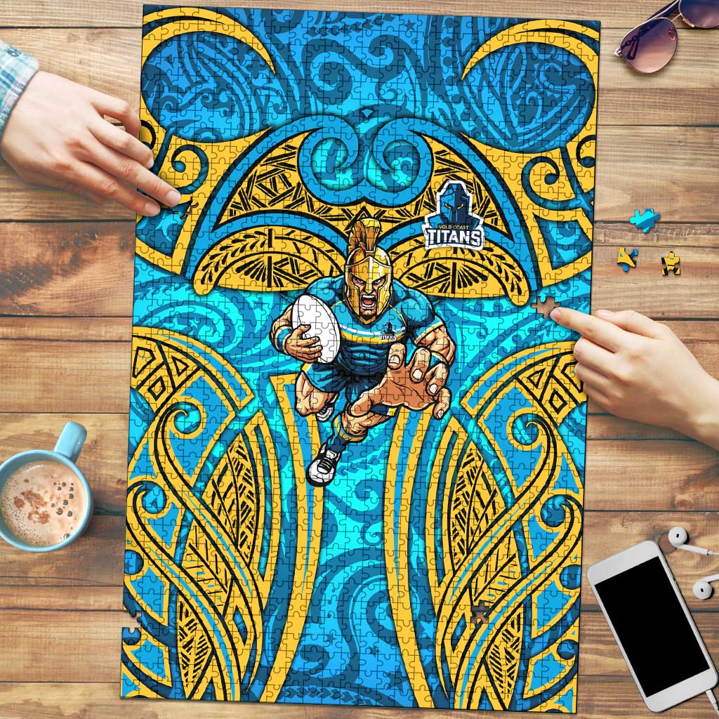 Gold Coast Titans Rugby Puzzle Polynesian Tribal Spartan Warrior Blue Gold Pattern