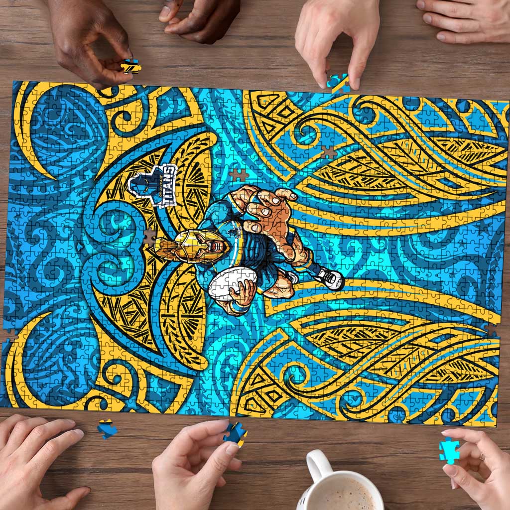 Gold Coast Titans Rugby Puzzle Polynesian Tribal Spartan Warrior Blue Gold Pattern