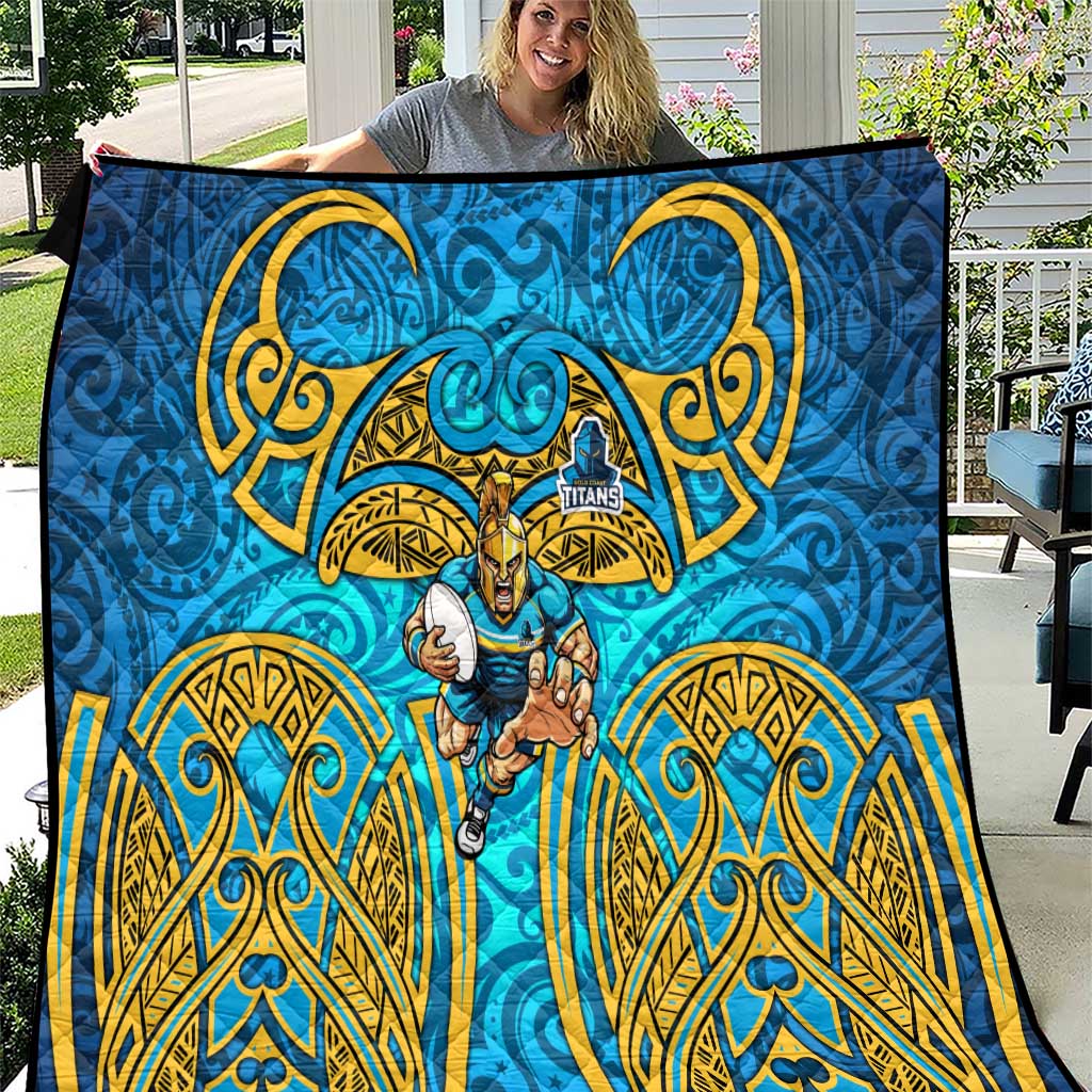 Gold Coast Titans Rugby Quilt Polynesian Tribal Spartan Warrior Blue Gold Pattern