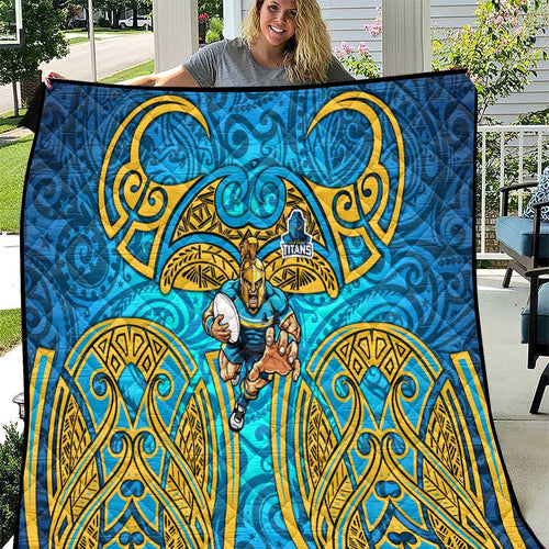 Gold Coast Titans Rugby Quilt Polynesian Tribal Spartan Warrior Blue Gold Pattern