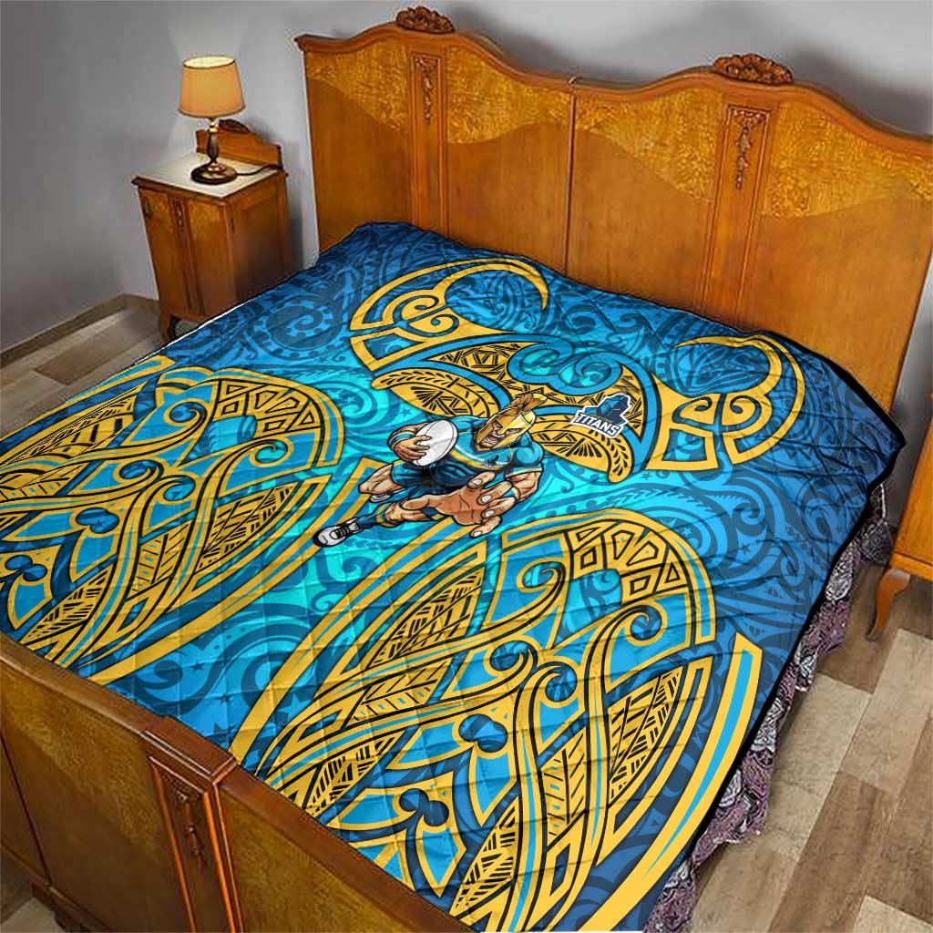 Gold Coast Titans Rugby Quilt Polynesian Tribal Spartan Warrior Blue Gold Pattern