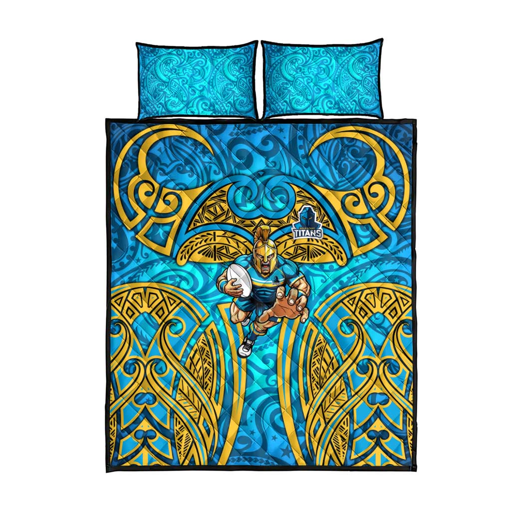 Gold Coast Titans Rugby Quilt Bed Set Polynesian Tribal Spartan Warrior Blue Gold Pattern