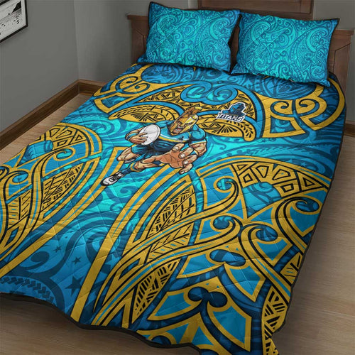 Gold Coast Titans Rugby Quilt Bed Set Polynesian Tribal Spartan Warrior Blue Gold Pattern