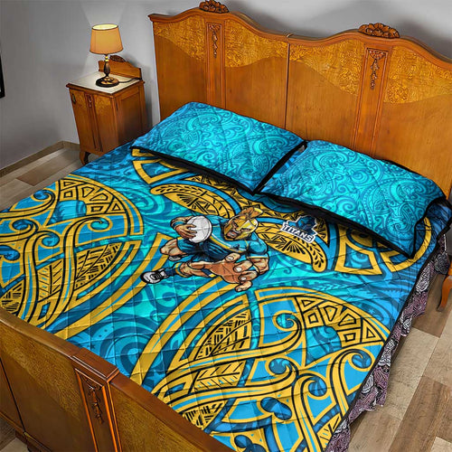 Gold Coast Titans Rugby Quilt Bed Set Polynesian Tribal Spartan Warrior Blue Gold Pattern