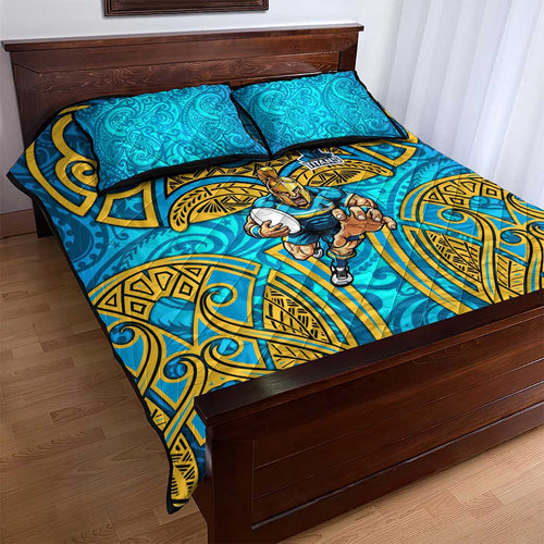 Gold Coast Titans Rugby Quilt Bed Set Polynesian Tribal Spartan Warrior Blue Gold Pattern