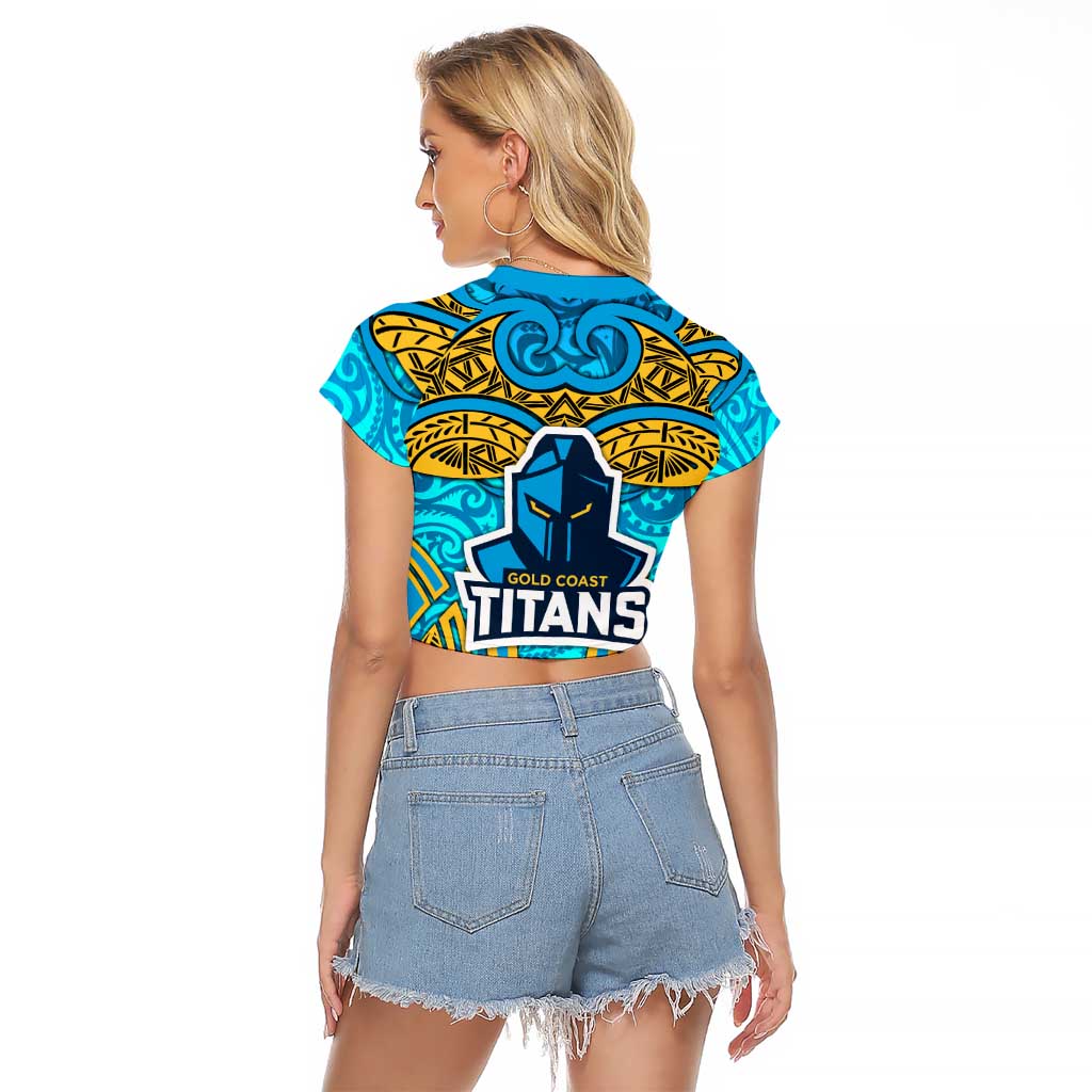 Gold Coast Titans Rugby Raglan Cropped T Shirt Polynesian Tribal Spartan Warrior Blue Gold Pattern