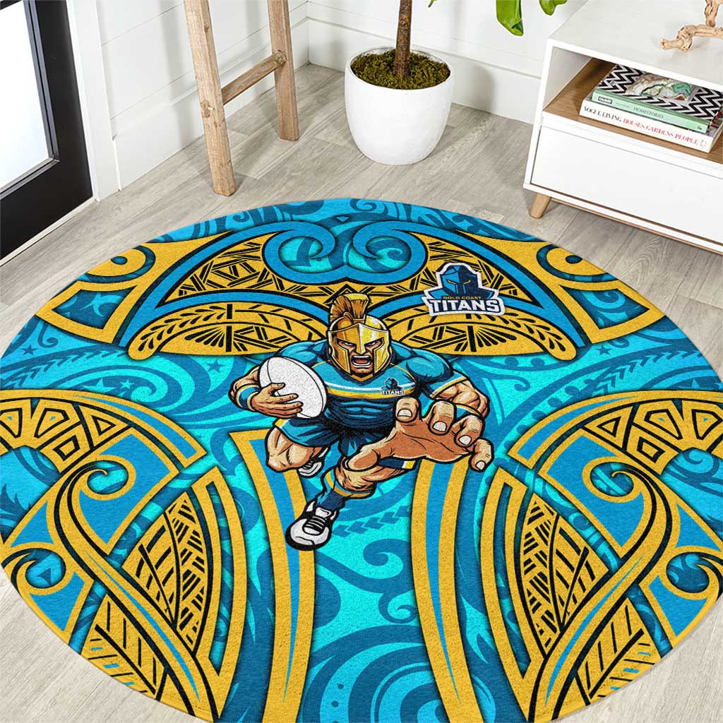 Gold Coast Titans Rugby Round Carpet Polynesian Tribal Spartan Warrior Blue Gold Pattern