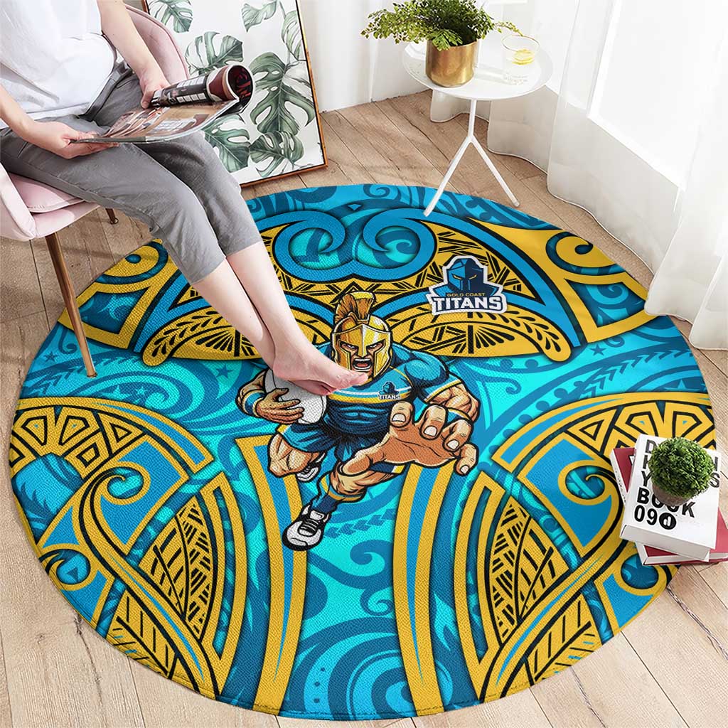Gold Coast Titans Rugby Round Carpet Polynesian Tribal Spartan Warrior Blue Gold Pattern