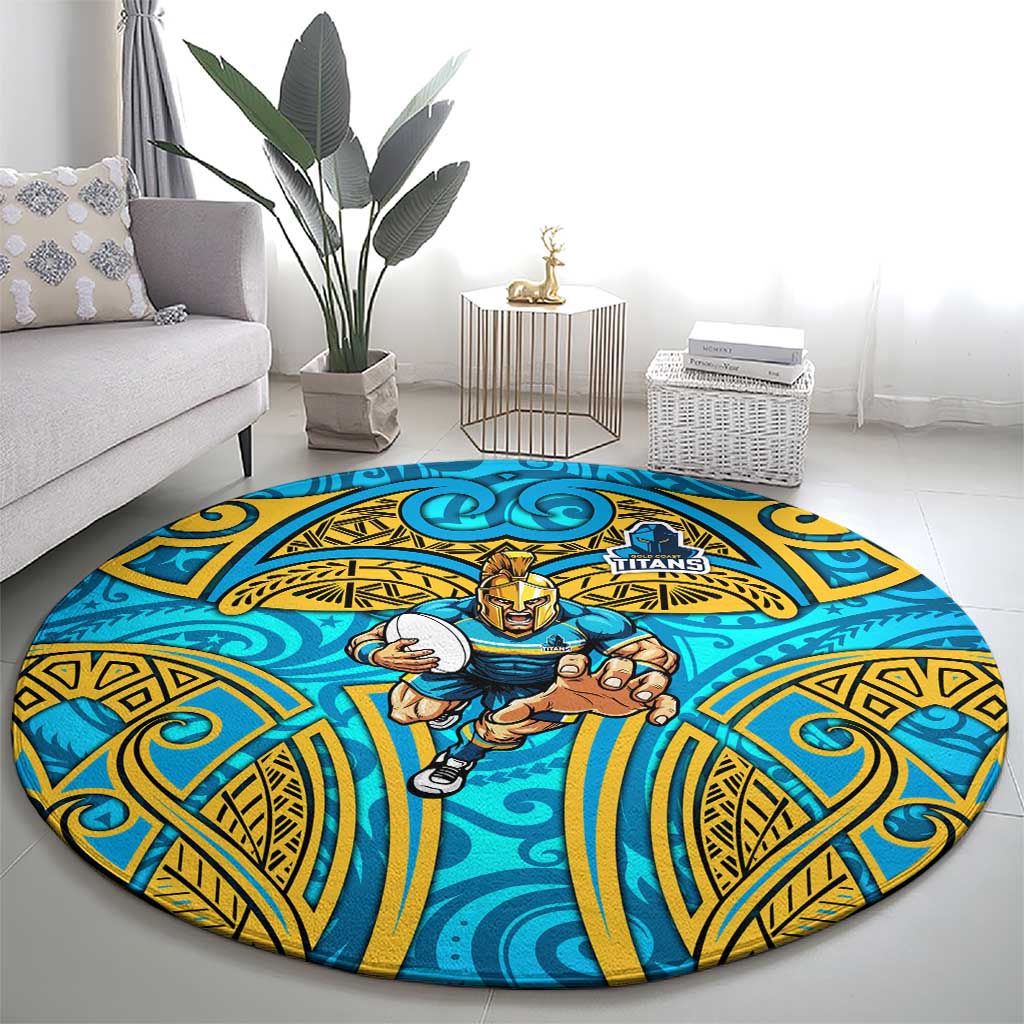 Gold Coast Titans Rugby Round Carpet Polynesian Tribal Spartan Warrior Blue Gold Pattern