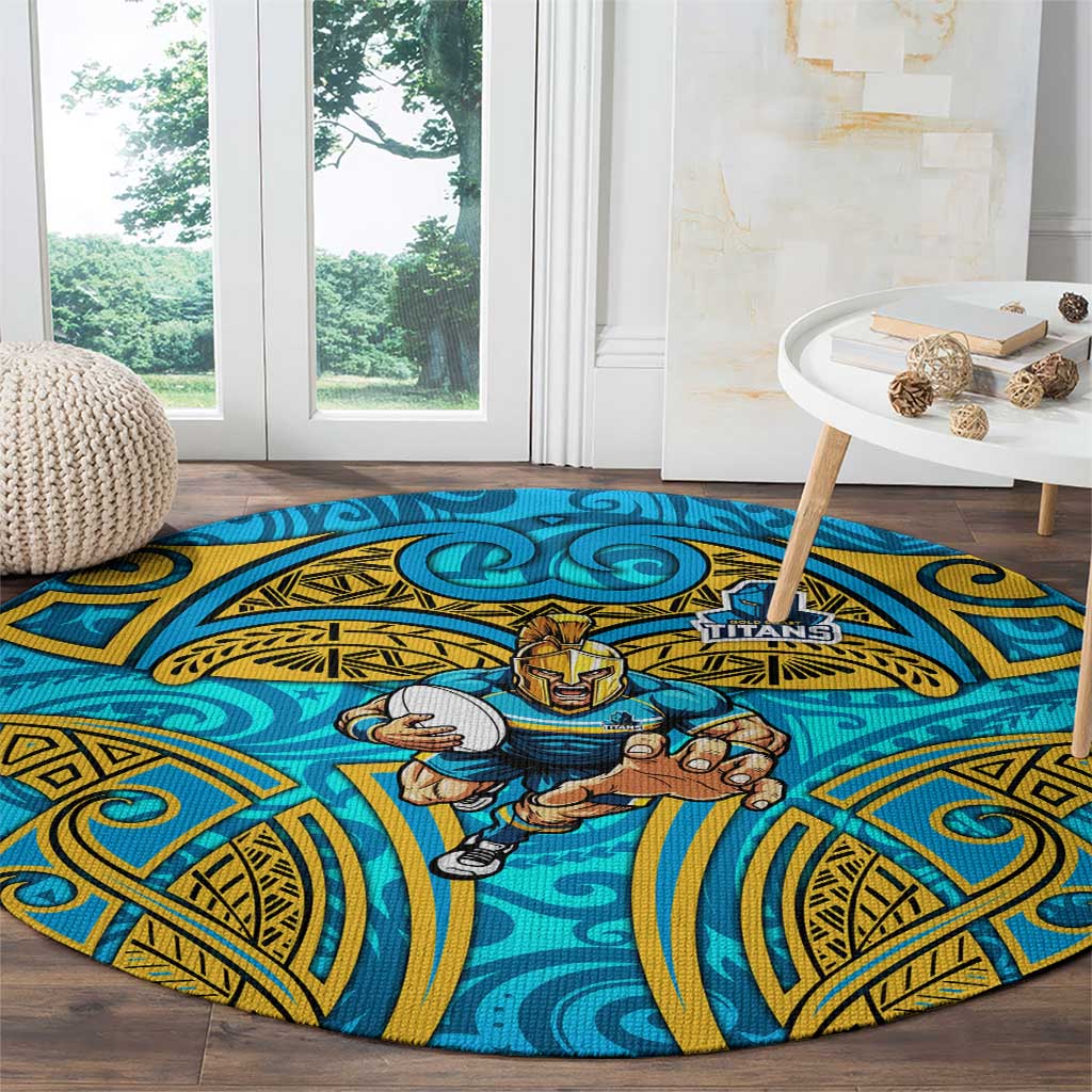 Gold Coast Titans Rugby Round Carpet Polynesian Tribal Spartan Warrior Blue Gold Pattern