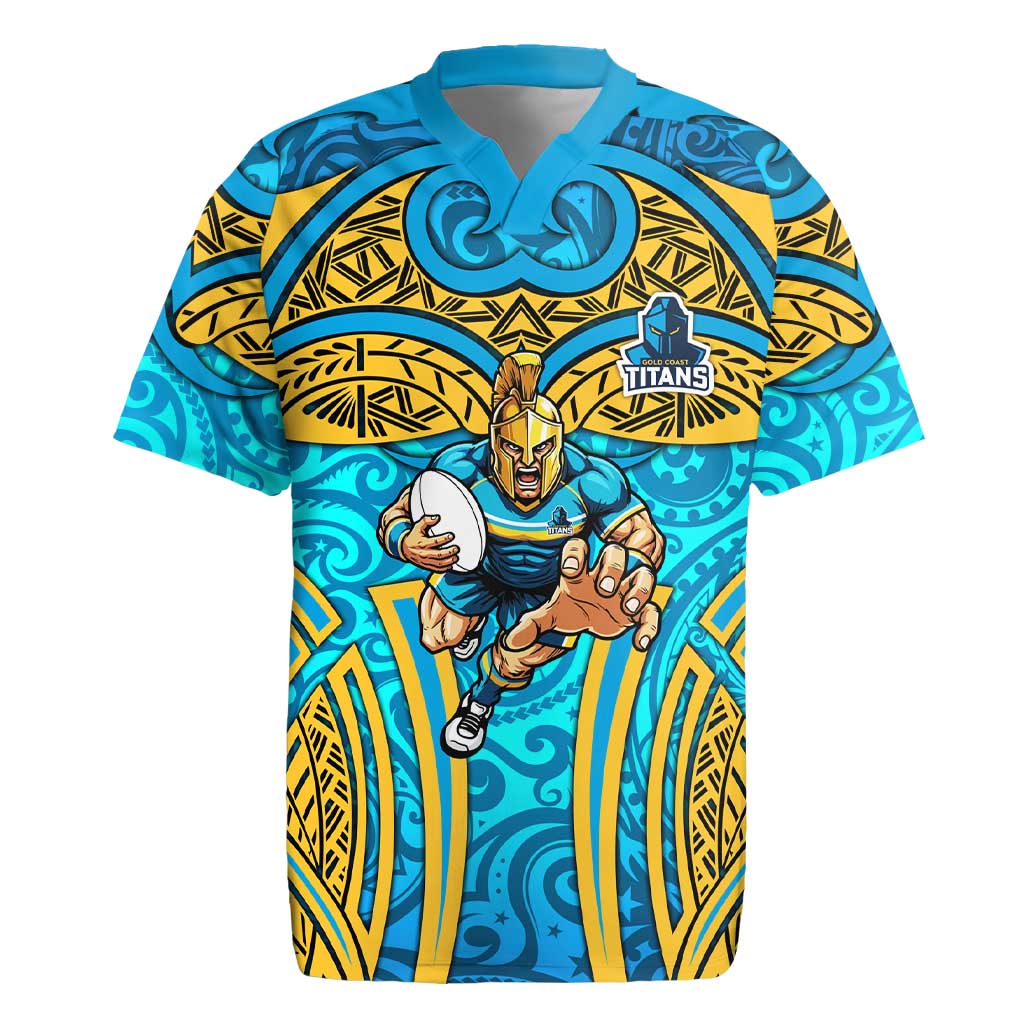 Gold Coast Titans Rugby Rugby Jersey Polynesian Tribal Spartan Warrior Blue Gold Pattern
