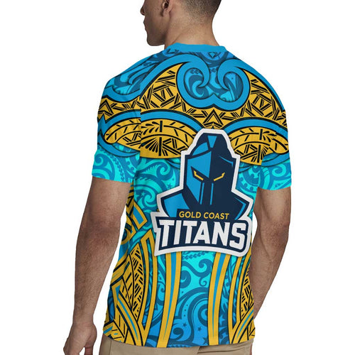 Gold Coast Titans Rugby Rugby Jersey Polynesian Tribal Spartan Warrior Blue Gold Pattern
