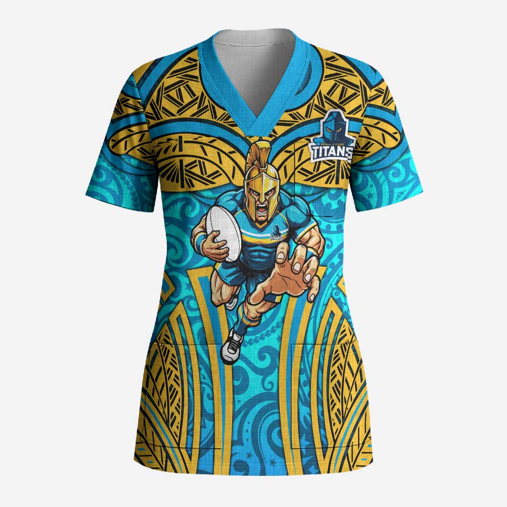 Gold Coast Titans Rugby Scrub Top Polynesian Tribal Spartan Warrior Blue Gold Pattern