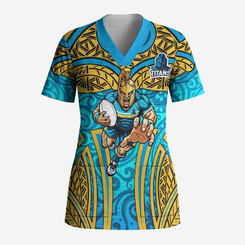 Gold Coast Titans Rugby Scrub Top Polynesian Tribal Spartan Warrior Blue Gold Pattern