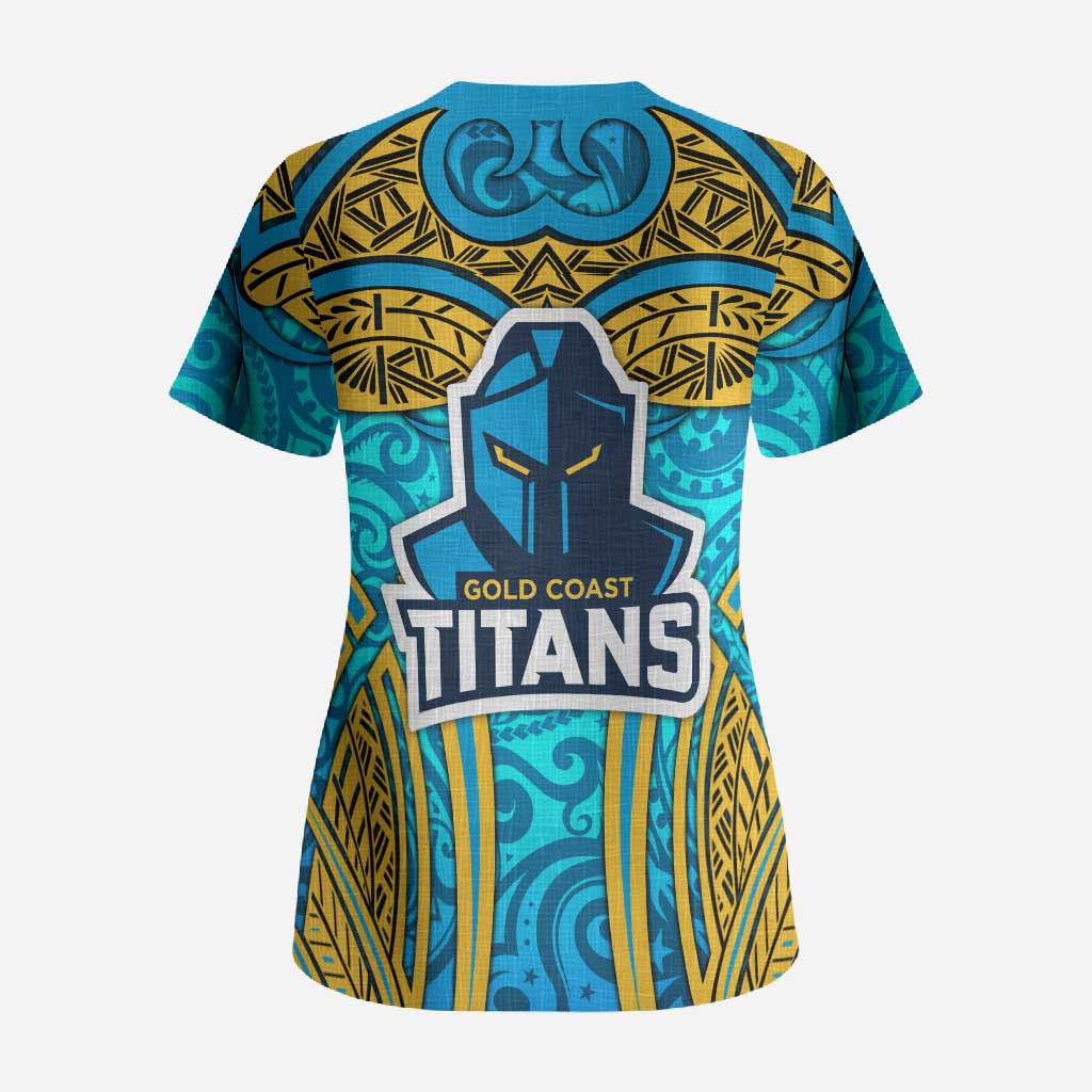 Gold Coast Titans Rugby Scrub Top Polynesian Tribal Spartan Warrior Blue Gold Pattern