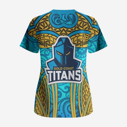 Gold Coast Titans Rugby Scrub Top Polynesian Tribal Spartan Warrior Blue Gold Pattern