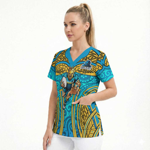 Gold Coast Titans Rugby Scrub Top Polynesian Tribal Spartan Warrior Blue Gold Pattern