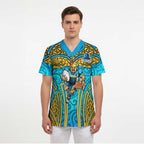 Gold Coast Titans Rugby Scrub Top Polynesian Tribal Spartan Warrior Blue Gold Pattern