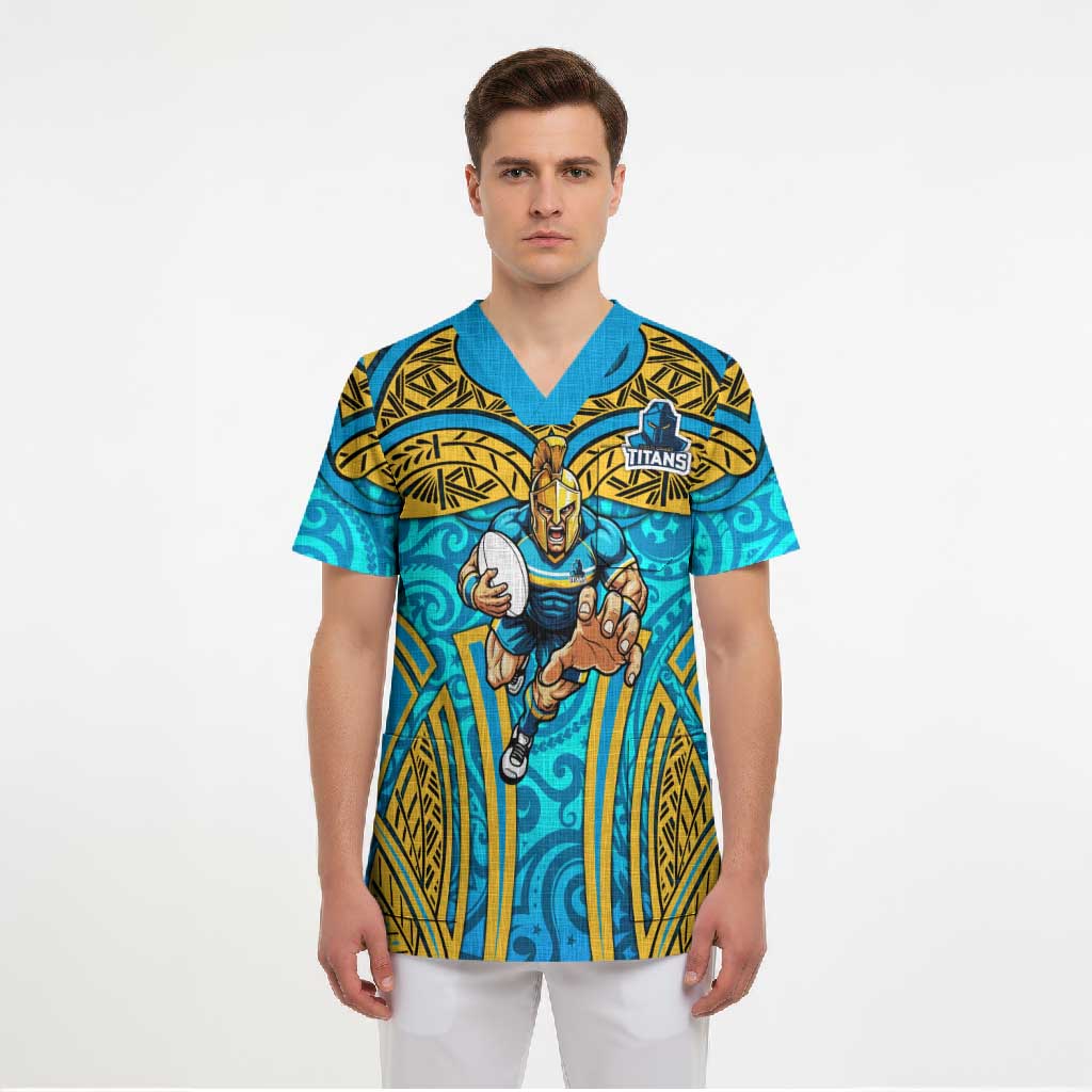 Gold Coast Titans Rugby Scrub Top Polynesian Tribal Spartan Warrior Blue Gold Pattern