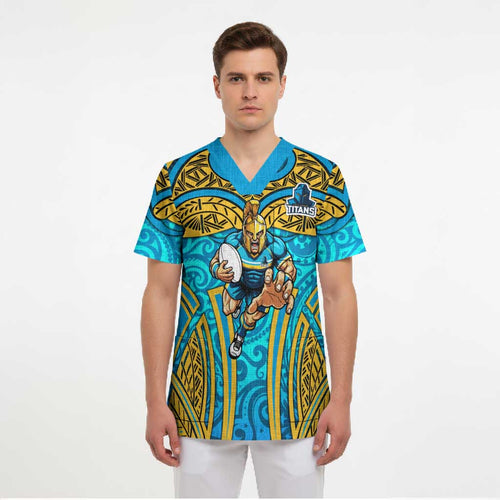 Gold Coast Titans Rugby Scrub Top Polynesian Tribal Spartan Warrior Blue Gold Pattern