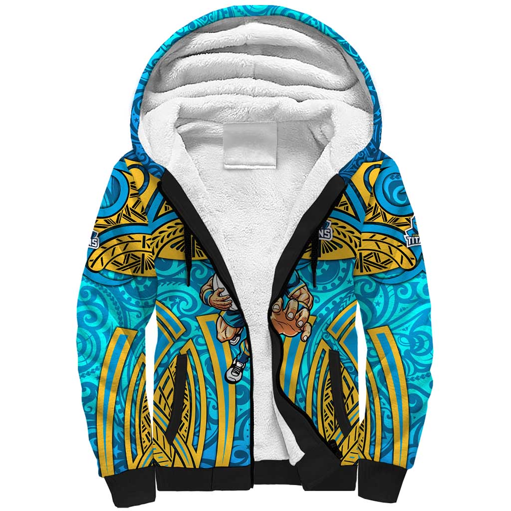 Gold Coast Titans Rugby Sherpa Hoodie Polynesian Tribal Spartan Warrior Blue Gold Pattern