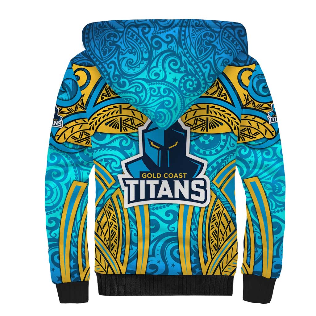 Gold Coast Titans Rugby Sherpa Hoodie Polynesian Tribal Spartan Warrior Blue Gold Pattern