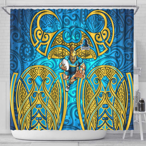 Gold Coast Titans Rugby Shower Curtain Polynesian Tribal Spartan Warrior Blue Gold Pattern