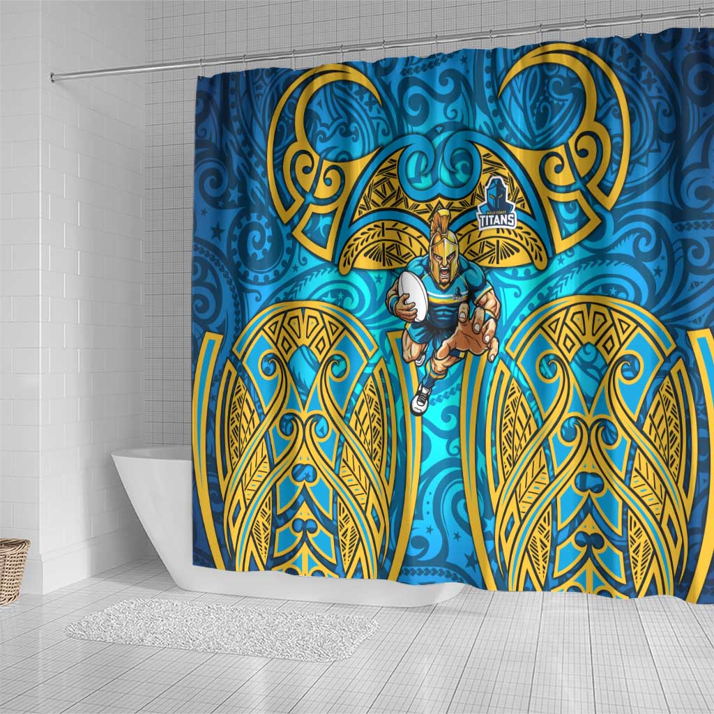Gold Coast Titans Rugby Shower Curtain Polynesian Tribal Spartan Warrior Blue Gold Pattern