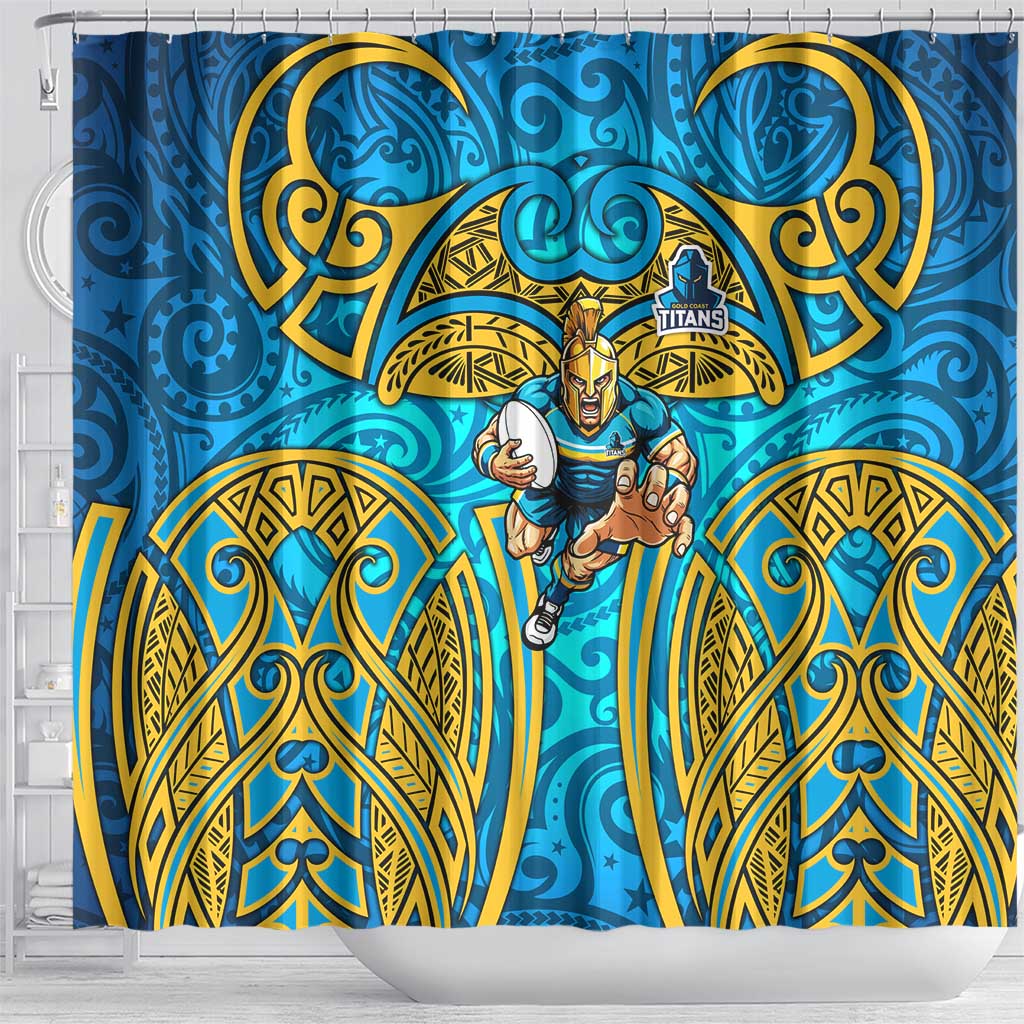 Gold Coast Titans Rugby Shower Curtain Polynesian Tribal Spartan Warrior Blue Gold Pattern
