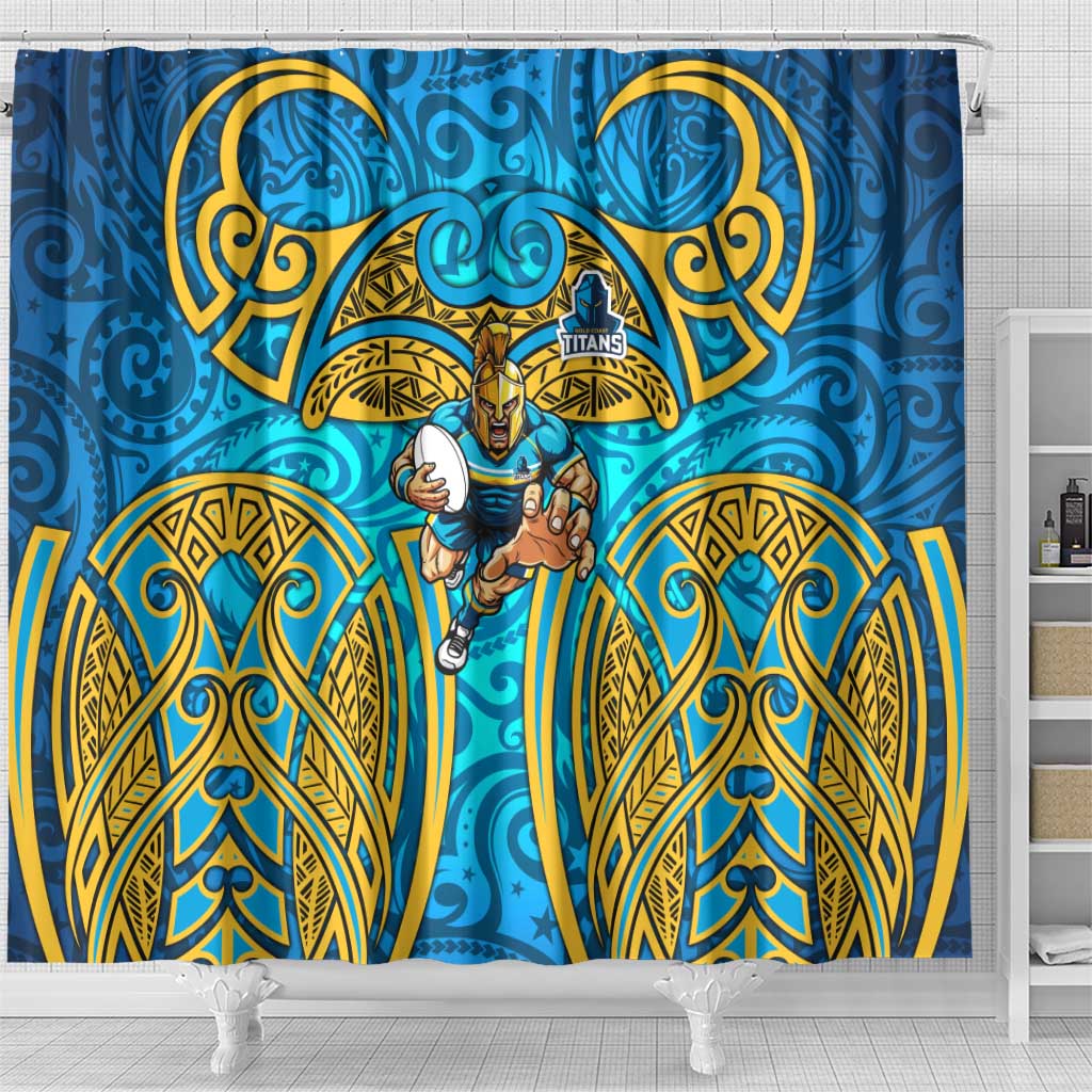 Gold Coast Titans Rugby Shower Curtain Polynesian Tribal Spartan Warrior Blue Gold Pattern