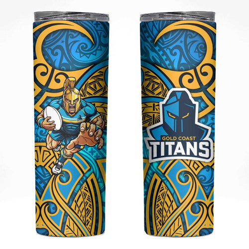 Gold Coast Titans Rugby Skinny Tumbler Polynesian Tribal Spartan Warrior Blue Gold Pattern