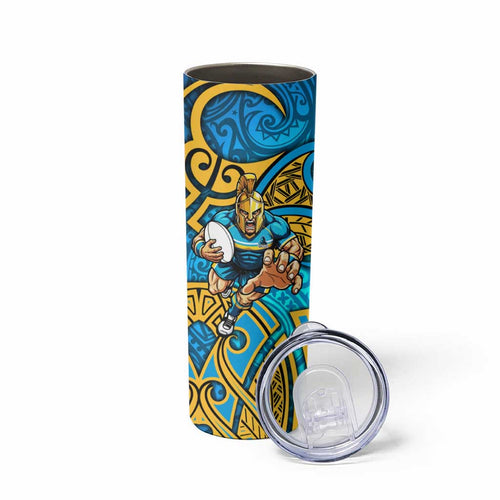 Gold Coast Titans Rugby Skinny Tumbler Polynesian Tribal Spartan Warrior Blue Gold Pattern