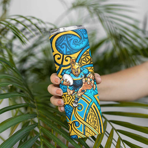 Gold Coast Titans Rugby Skinny Tumbler Polynesian Tribal Spartan Warrior Blue Gold Pattern