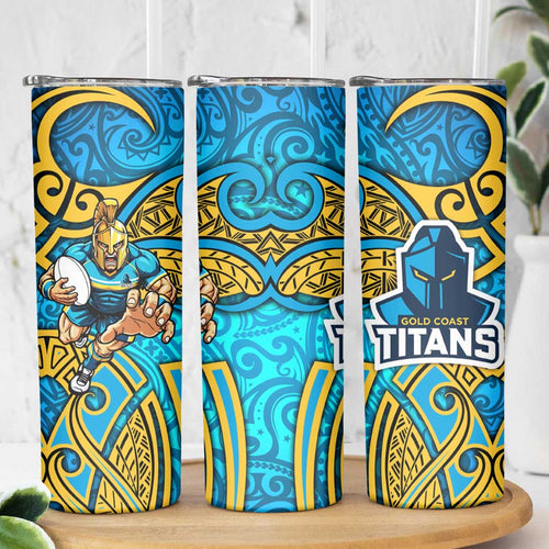 Gold Coast Titans Rugby Skinny Tumbler Polynesian Tribal Spartan Warrior Blue Gold Pattern