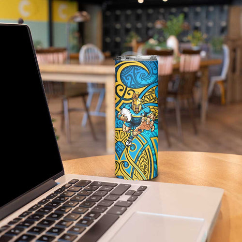 Gold Coast Titans Rugby Skinny Tumbler Polynesian Tribal Spartan Warrior Blue Gold Pattern