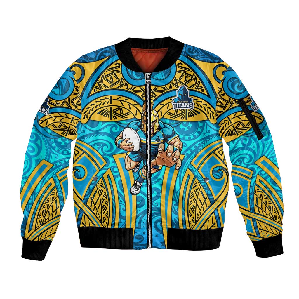Gold Coast Titans Rugby Sleeve Zip Bomber Jacket Polynesian Tribal Spartan Warrior Blue Gold Pattern