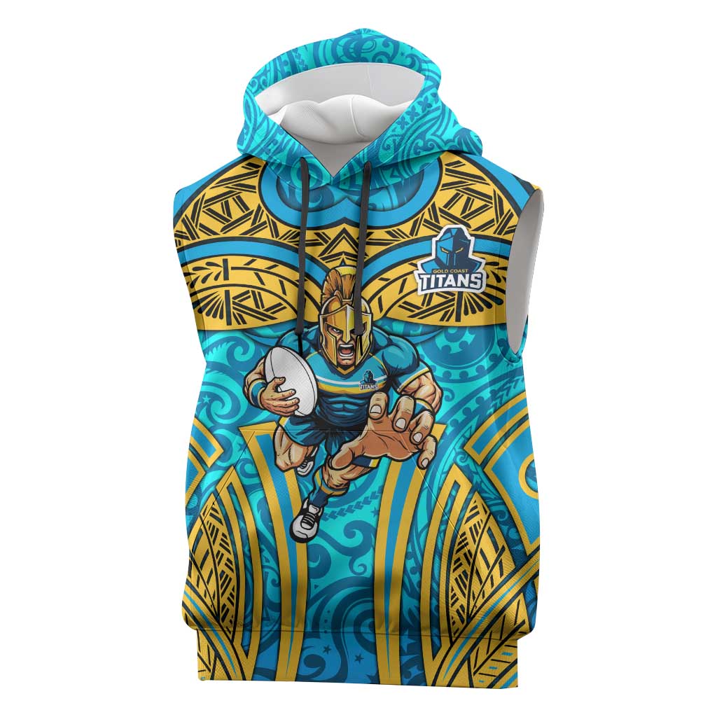 Gold Coast Titans Rugby Sleeveless Hoodie Polynesian Tribal Spartan Warrior Blue Gold Pattern
