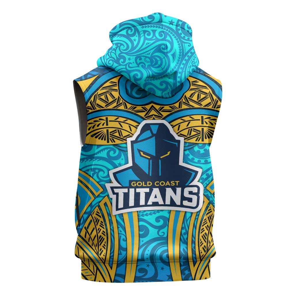 Gold Coast Titans Rugby Sleeveless Hoodie Polynesian Tribal Spartan Warrior Blue Gold Pattern