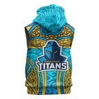 Gold Coast Titans Rugby Sleeveless Hoodie Polynesian Tribal Spartan Warrior Blue Gold Pattern