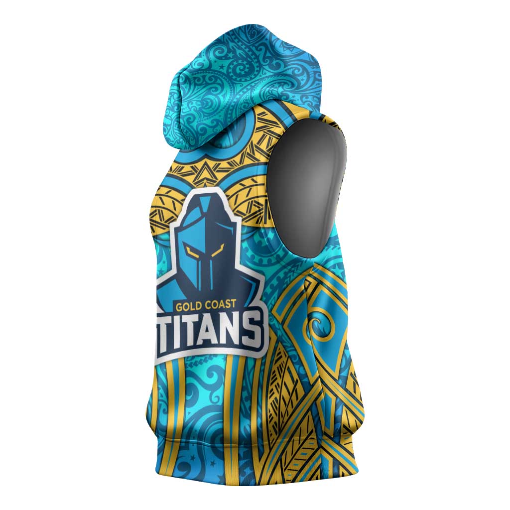Gold Coast Titans Rugby Sleeveless Hoodie Polynesian Tribal Spartan Warrior Blue Gold Pattern