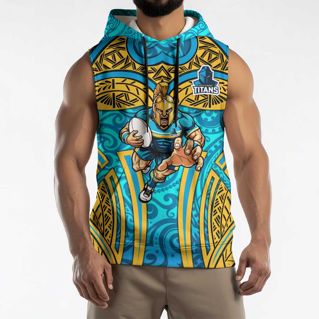 Gold Coast Titans Rugby Sleeveless Hoodie Polynesian Tribal Spartan Warrior Blue Gold Pattern