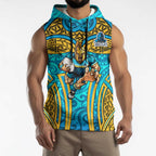 Gold Coast Titans Rugby Sleeveless Hoodie Polynesian Tribal Spartan Warrior Blue Gold Pattern