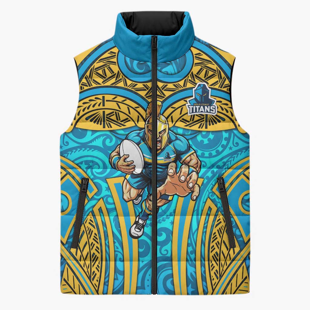 Gold Coast Titans Rugby Sleeveless Puffer Jacket Polynesian Tribal Spartan Warrior Blue Gold Pattern