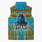 Gold Coast Titans Rugby Sleeveless Puffer Jacket Polynesian Tribal Spartan Warrior Blue Gold Pattern