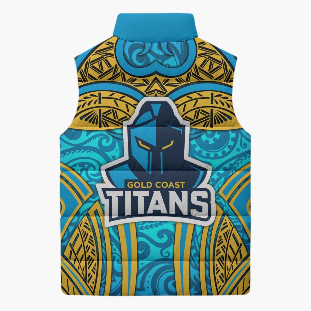 Gold Coast Titans Rugby Sleeveless Puffer Jacket Polynesian Tribal Spartan Warrior Blue Gold Pattern