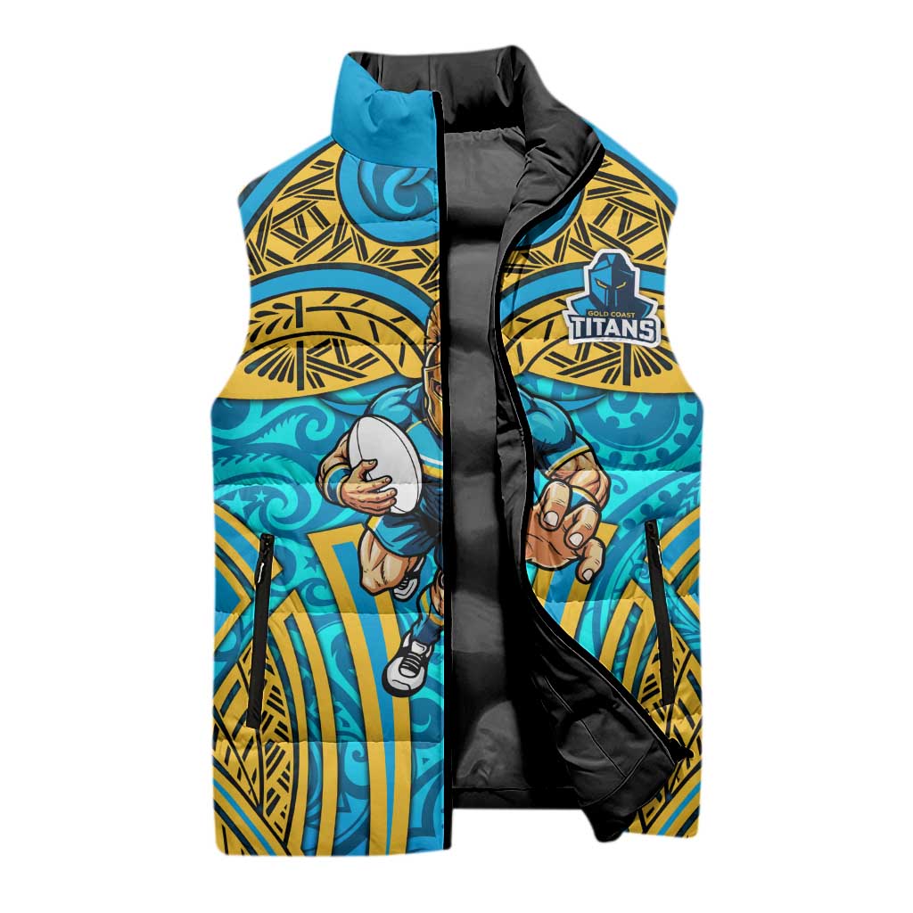 Gold Coast Titans Rugby Sleeveless Puffer Jacket Polynesian Tribal Spartan Warrior Blue Gold Pattern