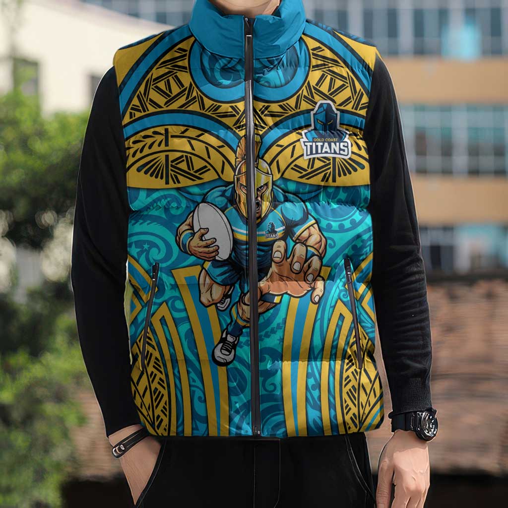 Gold Coast Titans Rugby Sleeveless Puffer Jacket Polynesian Tribal Spartan Warrior Blue Gold Pattern