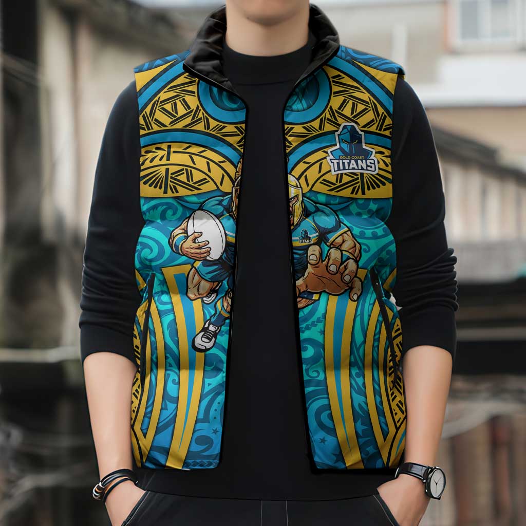 Gold Coast Titans Rugby Sleeveless Puffer Jacket Polynesian Tribal Spartan Warrior Blue Gold Pattern